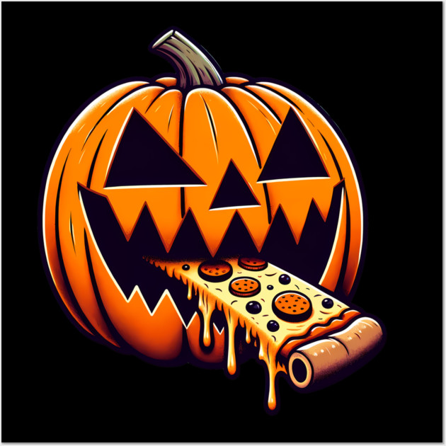 Scary Pumpkin eating Pizza  Halloween Wall Art by logiamerch