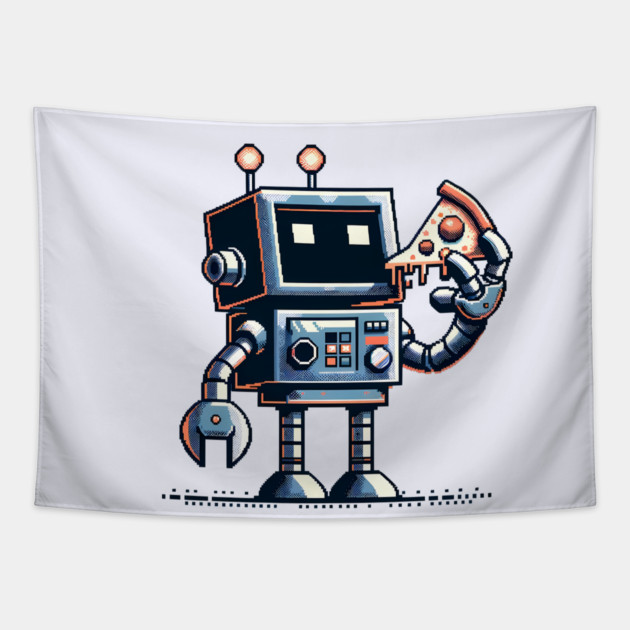 Funny Robot Eating Pizza Tapestry by logiamerch