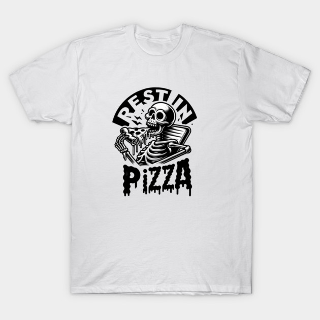 Funny Skull, Skeleton Resting in Pizza T-Shirt by logiamerch