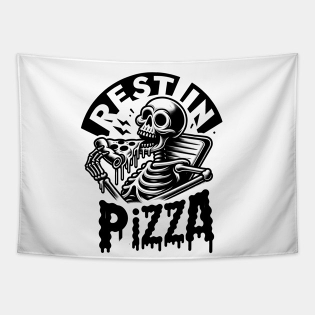 Funny Skull, Skeleton Resting in Pizza Tapestry by logiamerch