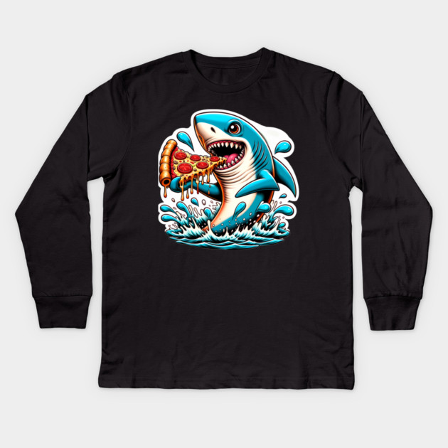 Funny Shark with Pizza, Pizza Lover Kids Long Sleeve T-Shirt by logiamerch