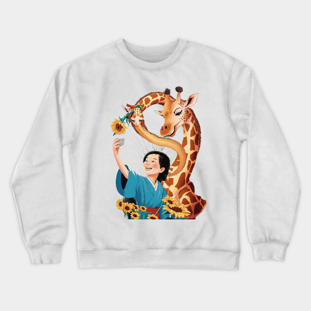 Giraffe with a Sunflower in its Mouth Taking a Selfie with a Person Whose Face is Obscured Crewneck Sweatshirt by animegirlnft
