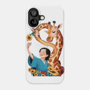 Giraffe with a Sunflower in its Mouth Taking a Selfie with a Person Whose Face is Obscured Phone Case