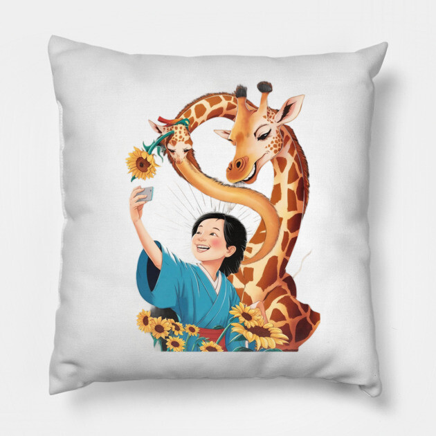 Giraffe with a Sunflower in its Mouth Taking a Selfie with a Person Whose Face is Obscured Pillow by animegirlnft