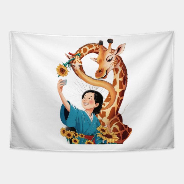 Giraffe with a Sunflower in its Mouth Taking a Selfie with a Person Whose Face is Obscured Tapestry by animegirlnft