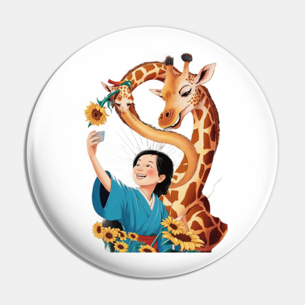 Giraffe with a Sunflower in its Mouth Taking a Selfie with a Person Whose Face is Obscured Pin by animegirlnft