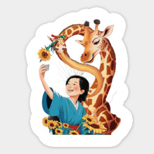 Giraffe with a Sunflower in its Mouth Taking a Selfie with a Person Whose Face is Obscured Sticker