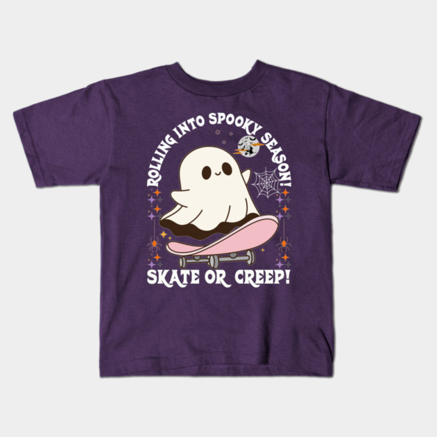 Halloween Skate or Creep Ghost Rolling into Spooky Season Kids T-Shirt by JessArty