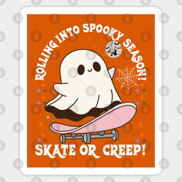 Halloween Skate or Creep Ghost Rolling into Spooky Season Sticker by JessArty