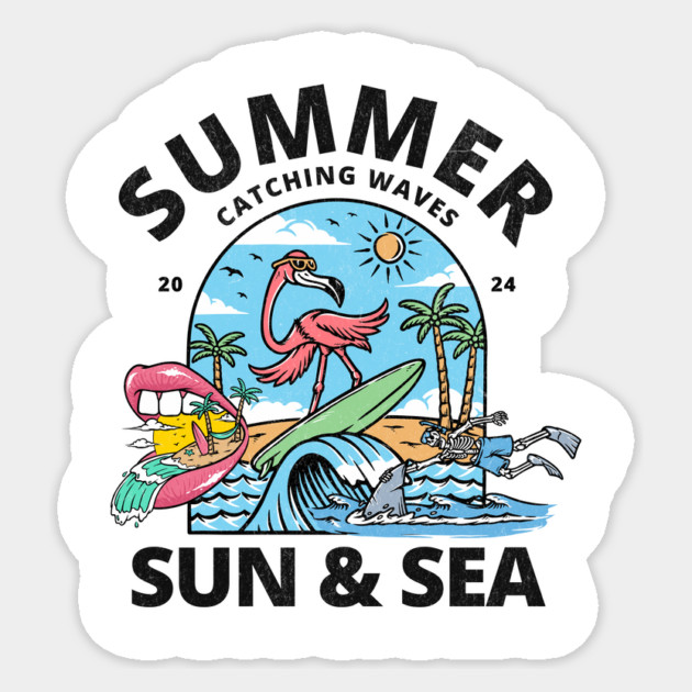 Flamingo Surfing: Summer Wave Rider - Tropical Beach Design Sticker by Designed By Marty