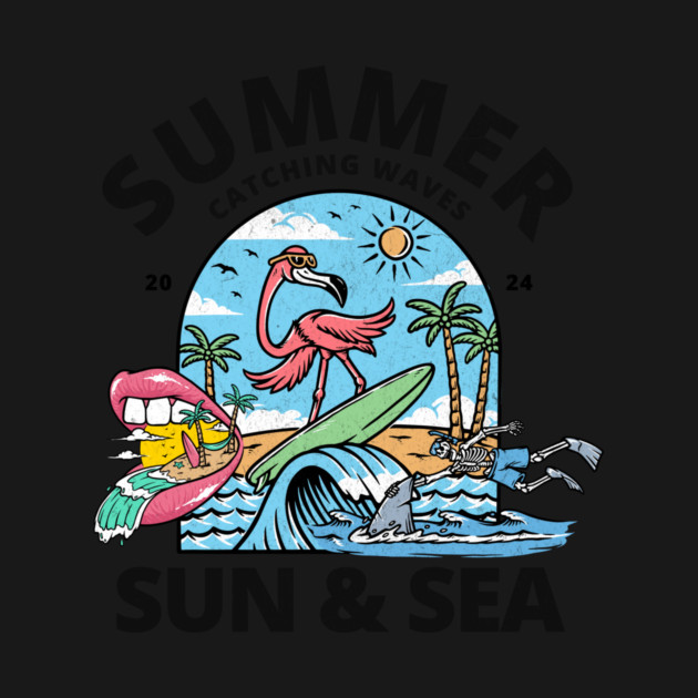 Flamingo Surfing: Summer Wave Rider - Tropical Beach Design by Designed By Marty