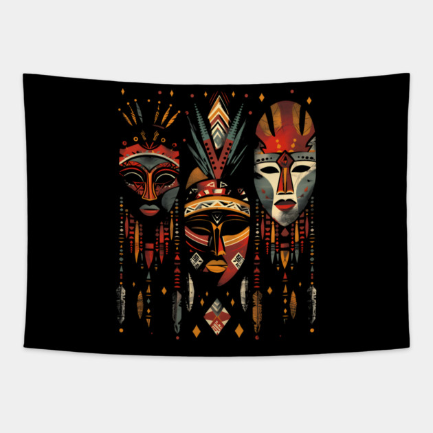 Hanging African Masks, African Art Tapestry by UrbanLifeApparel