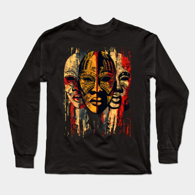 3 faces African Masks, African Art Long Sleeve T-Shirt by UrbanLifeApparel