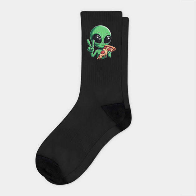 Funny Alien Eating Pizza with UFO, Retro Style Socks by logiamerch