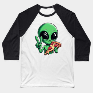 Funny Alien Eating Pizza with UFO, Retro Style Baseball T-Shirt