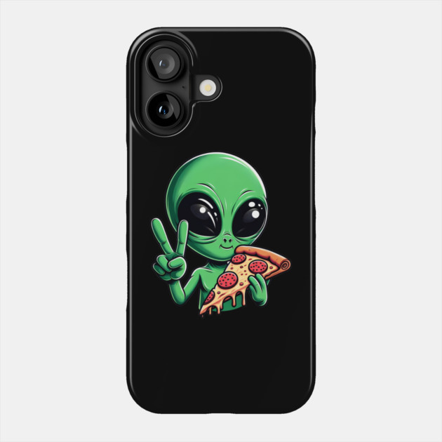 Funny Alien Eating Pizza with UFO, Retro Style Phone Case by logiamerch