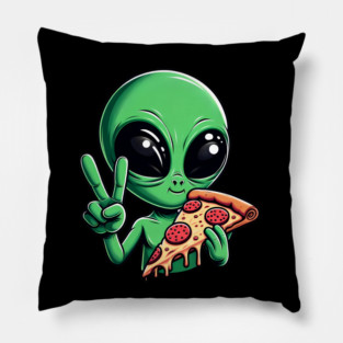 Funny Alien Eating Pizza with UFO, Retro Style Pillow
