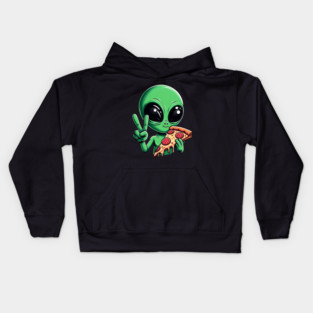 Funny Alien Eating Pizza with UFO, Retro Style Kids Hoodie