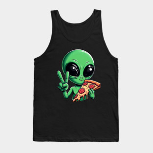 Funny Alien Eating Pizza with UFO, Retro Style Tank Top