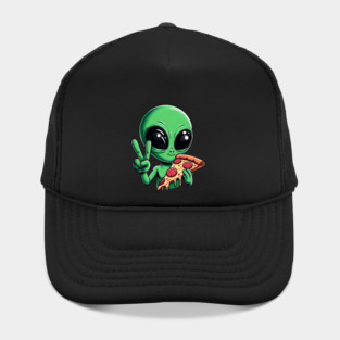 Funny Alien Eating Pizza with UFO, Retro Style Hat