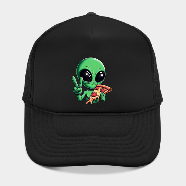 Funny Alien Eating Pizza with UFO, Retro Style by logiamerch