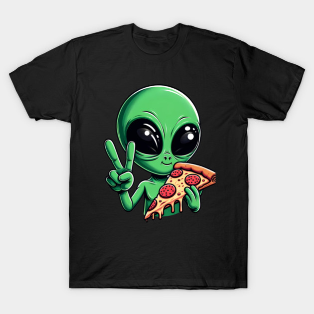Funny Alien Eating Pizza with UFO, Retro Style T-Shirt by logiamerch