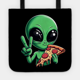 Funny Alien Eating Pizza with UFO, Retro Style Tote