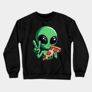 Funny Alien Eating Pizza with UFO, Retro Style Crewneck Sweatshirt