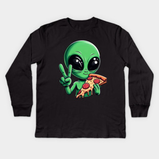 Funny Alien Eating Pizza with UFO, Retro Style Kids Long Sleeve T-Shirt