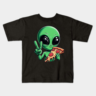 Funny Alien Eating Pizza with UFO, Retro Style Kids T-Shirt
