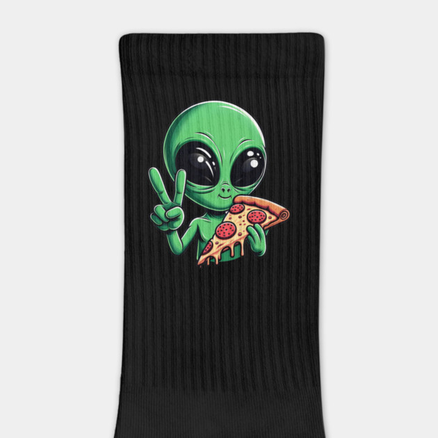 Funny Alien Eating Pizza with UFO, Retro Style by logiamerch
