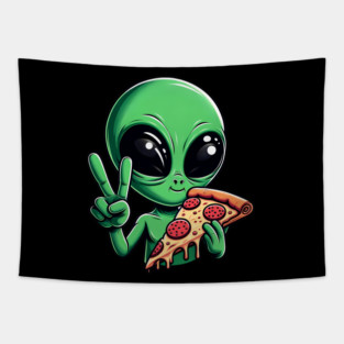 Funny Alien Eating Pizza with UFO, Retro Style Tapestry