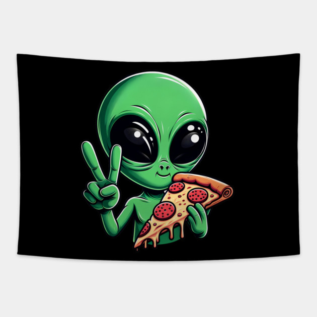 Funny Alien Eating Pizza with UFO, Retro Style Tapestry by logiamerch
