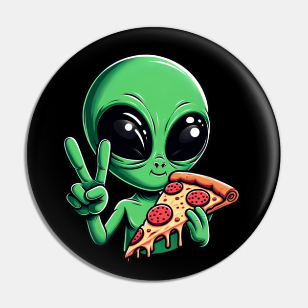 Funny Alien Eating Pizza with UFO, Retro Style Pin by logiamerch