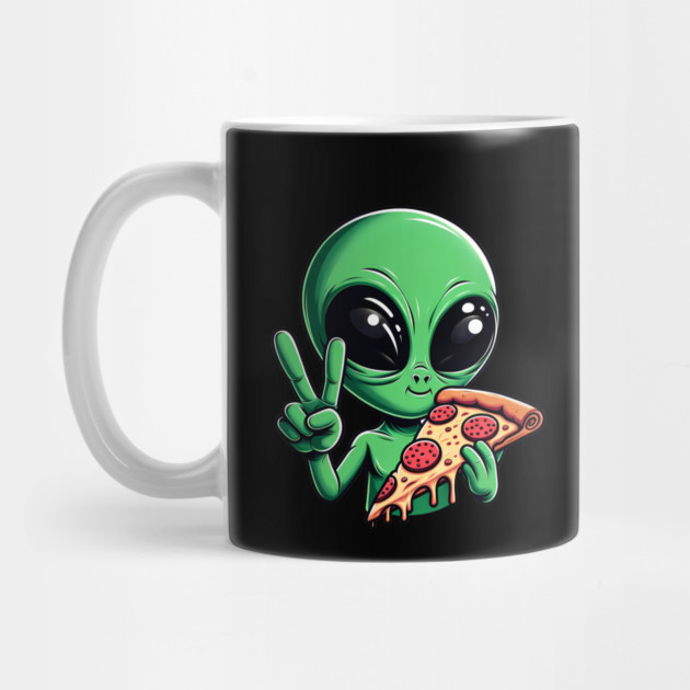 Funny Alien Eating Pizza with UFO, Retro Style by logiamerch