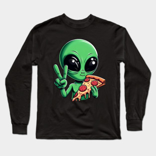 Funny Alien Eating Pizza with UFO, Retro Style Long Sleeve T-Shirt