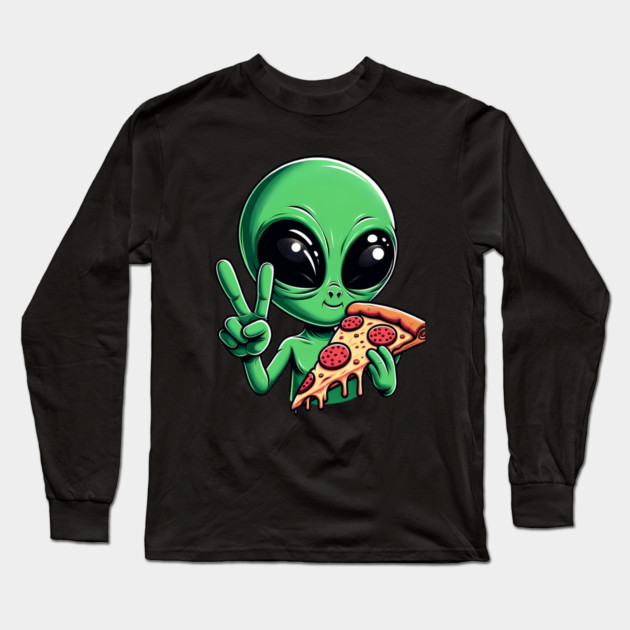 Funny Alien Eating Pizza with UFO, Retro Style Long Sleeve T-Shirt by logiamerch