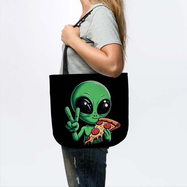 Funny Alien Eating Pizza with UFO, Retro Style by logiamerch