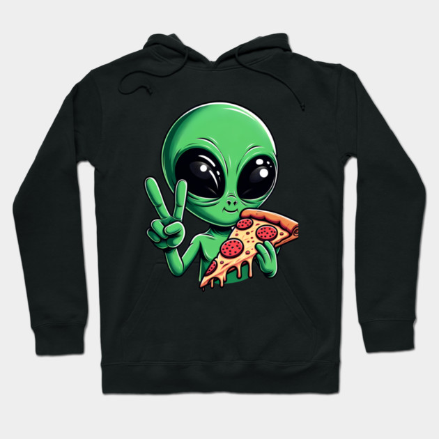 Funny Alien Eating Pizza with UFO, Retro Style Hoodie by logiamerch