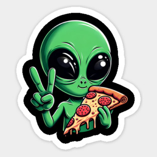 Funny Alien Eating Pizza with UFO, Retro Style Sticker