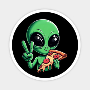 Funny Alien Eating Pizza with UFO, Retro Style Magnet
