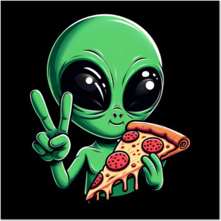 Funny Alien Eating Pizza with UFO, Retro Style Posters and Art