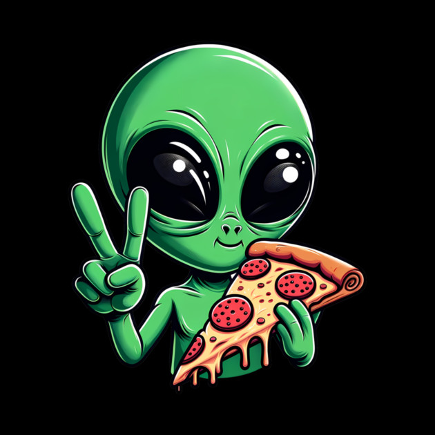 Funny Alien Eating Pizza with UFO, Retro Style by logiamerch