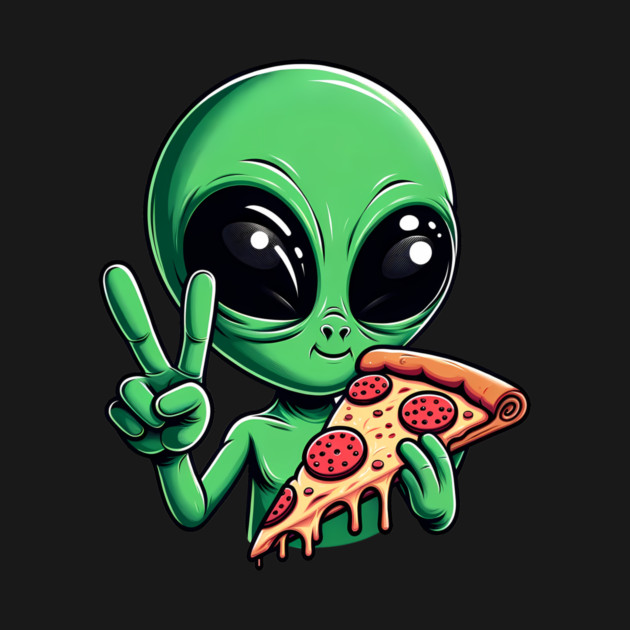 Funny Alien Eating Pizza with UFO, Retro Style by logiamerch