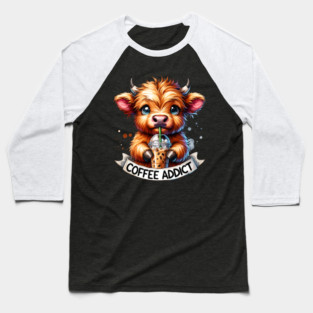 Coffee Addict (Highland Cow) Baseball T-Shirt