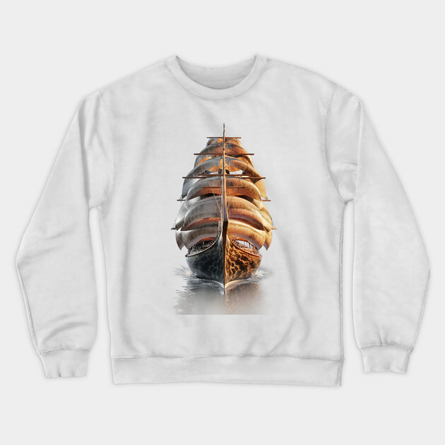 A Large Sailing Ship with Multiple Sails, Beautifully Reflecting on the Water’s Surface Crewneck Sweatshirt by animegirlnft