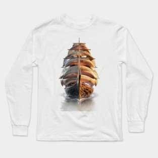 A Large Sailing Ship with Multiple Sails, Beautifully Reflecting on the Water’s Surface Long Sleeve T-Shirt