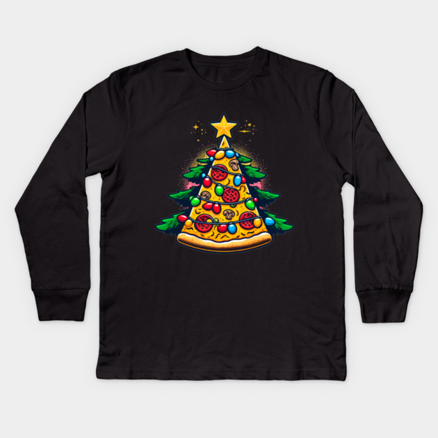 Xmas Tree with Pizza, Funny Pizza Lover Kids Long Sleeve T-Shirt by logiamerch