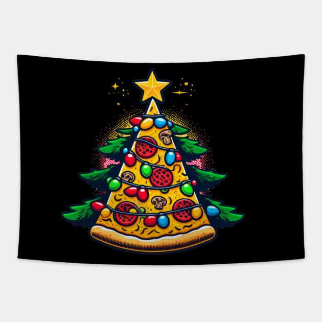 Xmas Tree with Pizza, Funny Pizza Lover Tapestry by logiamerch