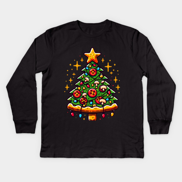 Xmas Tree with Pizza, Funny Pizza Lover Kids Long Sleeve T-Shirt by logiamerch